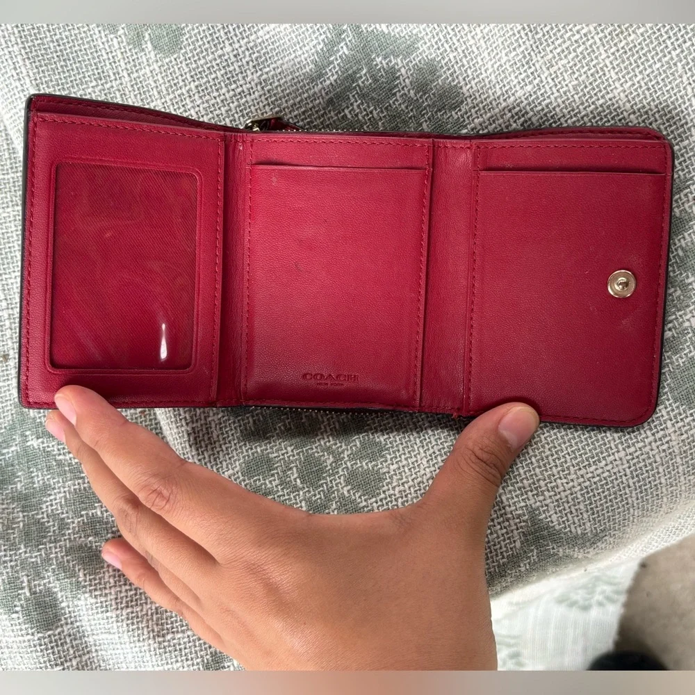 Coach Signature Compact Zip Wallet in Brown and Red